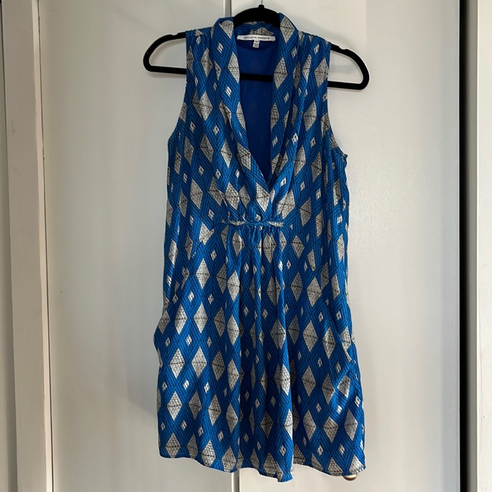 Blue, white and black geometric dress